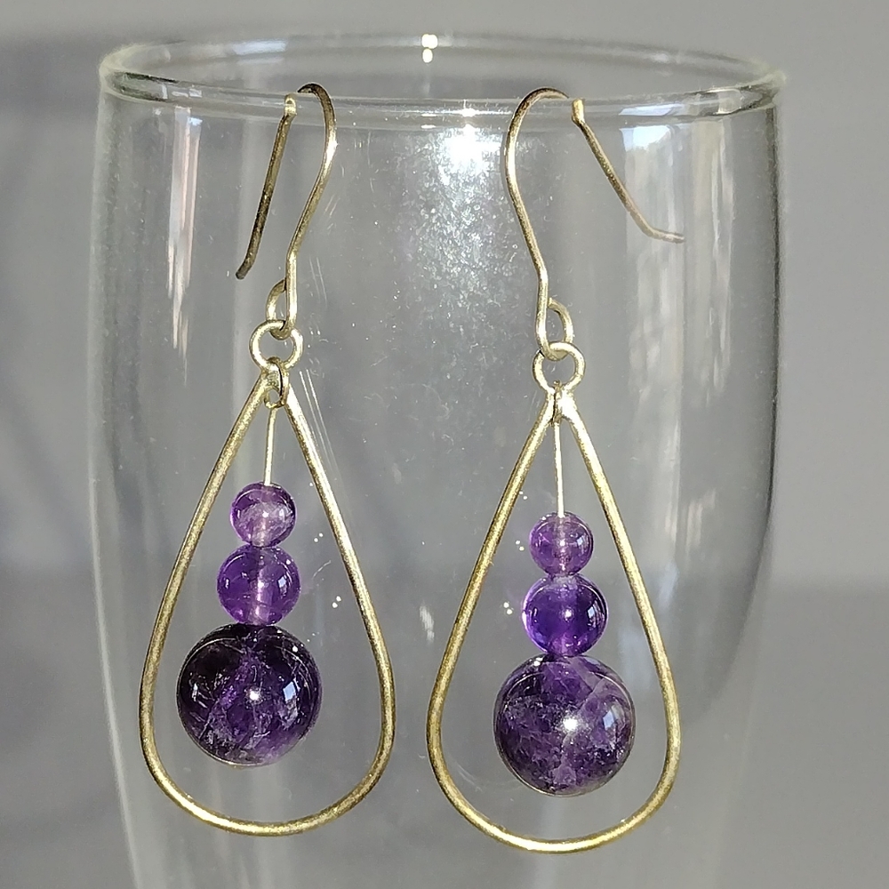 Beaded Round Amethyst Silver-Tone Teardrop Dangle Earrings